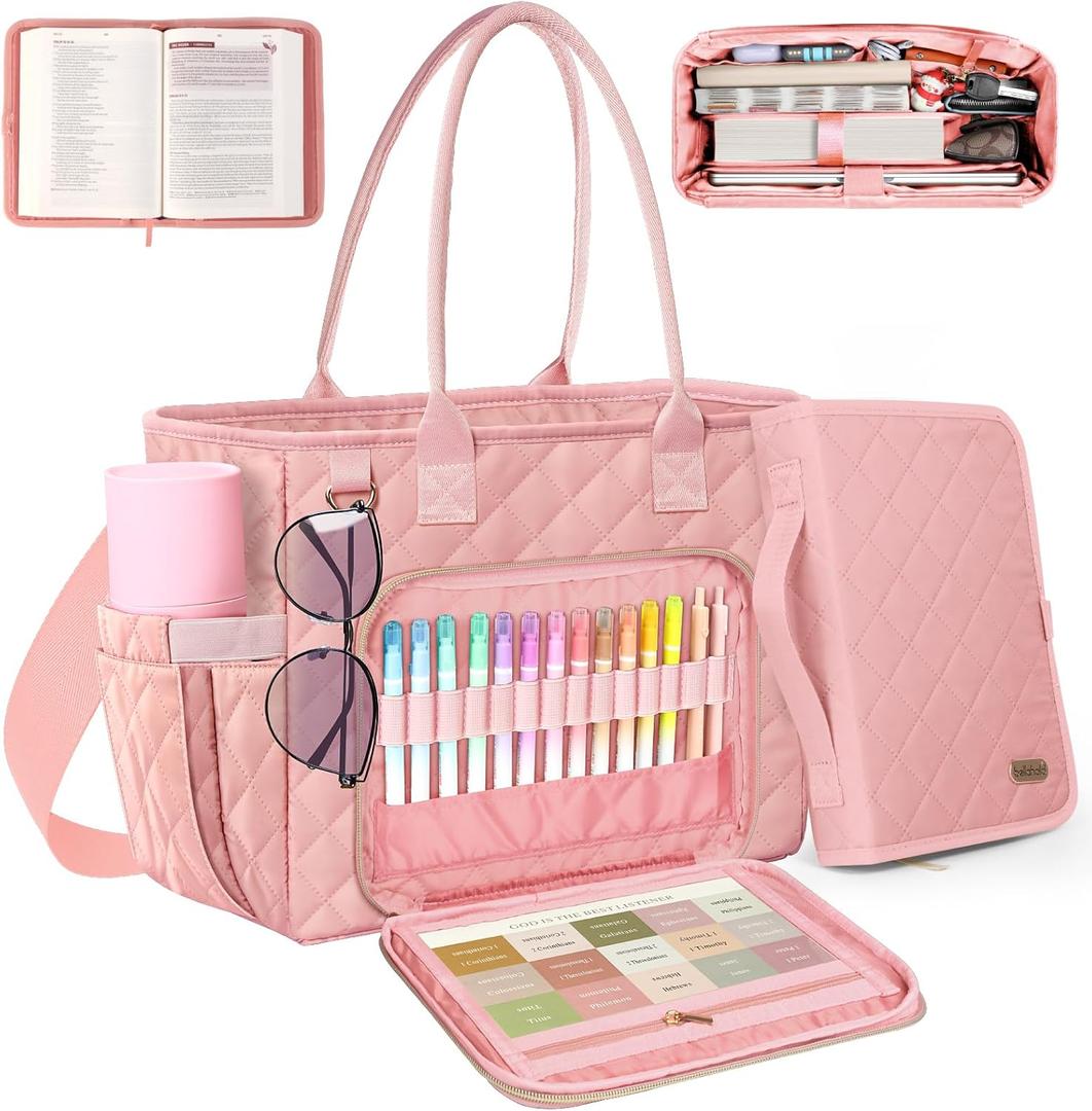 Large Bible Bag with Bible Cover Case for Women, Church Bag with shoulder strap, Quilted Book Cover for Bible Study Supplies, a Christian Gift for Women, Blush Pink