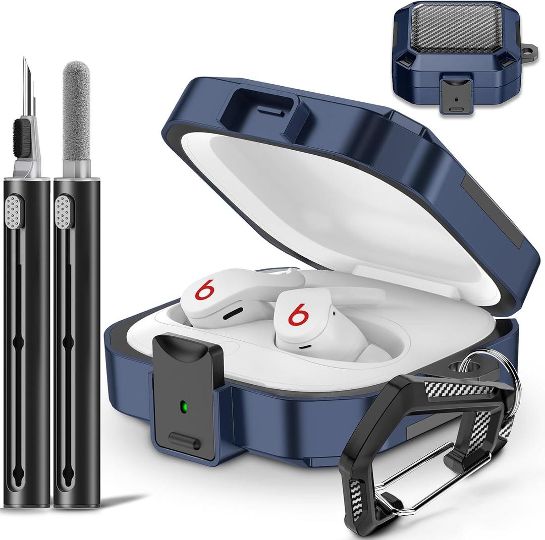 with Safety Lock Carbon Fiber for Beats Fit Pro Case Cover 2021,Shock-Absorbing Beat Fit Pro 2 Protector with Keychain/Zipper Storage Bag/Cleaner Kit - Blue