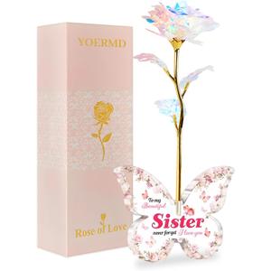 Unique Gifts for Sister, Pink Preserved Galaxy Rose with 4.23.15 Inch Acrylic Butterfly Stand - Delicate Sister Birthday