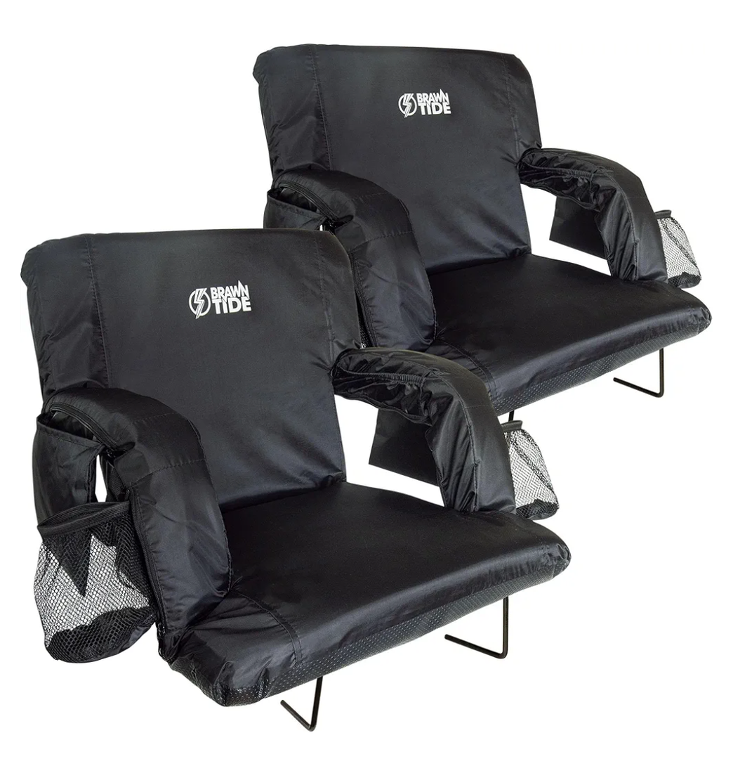 BRAWNTIDE Stadium Seat with Back Support - Comfy Cushion, Thick Padding, 2 Steel Bleacher Hooks, 4 Pockets, 2 Cup Holders, Reclining Back, Ideal Chair for Sport Events, Beaches, Camping, Concerts