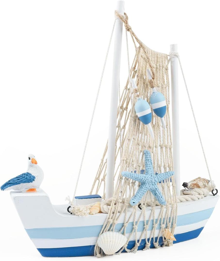 Mini Sailboat Model Decoration Wooden Sailing Boat Home Decor Set Nautical Decoration Sailing Boat Ornaments Sailboat Models for Bedroom Office Bathroom Desktop Decoration(Middle) (Blue2)