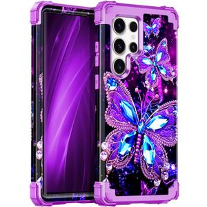 Hekodonk for Galaxy S22 Ultra Case,Three Layer Heavy Duty Shockproof Protection Hard Plastic+Soft Silicone Full Body Drop Protective Case for Samsung Galaxy S22 Ultra,Glow in The Dark All Purple