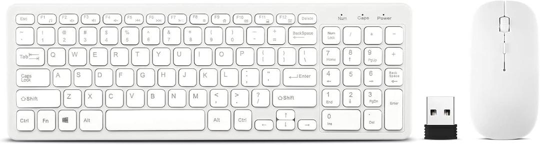 Wireless Keyboard and Mouse Combo, Compact Quiet Wireless Keyboard and Mouse Set 2.4G Ultra-Thin Sleek Design for Windows, Computer, Desktop, PC, Notebook, Laptop (White)