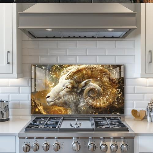 LMSDYSHU Tempered Glass Backsplash for Kitchen, Twelve Zodiac Signs, Aries, Frameless, Stove Backsplash Protector for Wall,Easy to Clean, Home Decor (30"x16")
