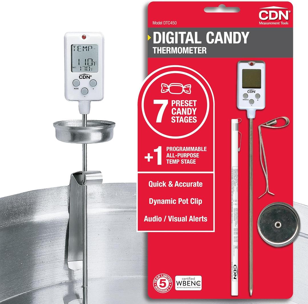 CDN Digital Candy Thermometer Long 8'' Stainless Steel Stem, Adjustable Pot Clip, Preset Candy Stages with Audio/Visual Alerts, Instant Read For Cooking, Deep Frying & Oil - DTC450