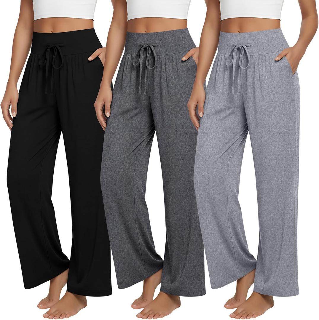 3 Pack Women's Lounge Pants Summer Wide Leg Yoga Pants Loose Drawstring High Waisted Pajama Bottoms with Pockets (Medium, Black, Dark Heather Gray, Light Heather Gray)