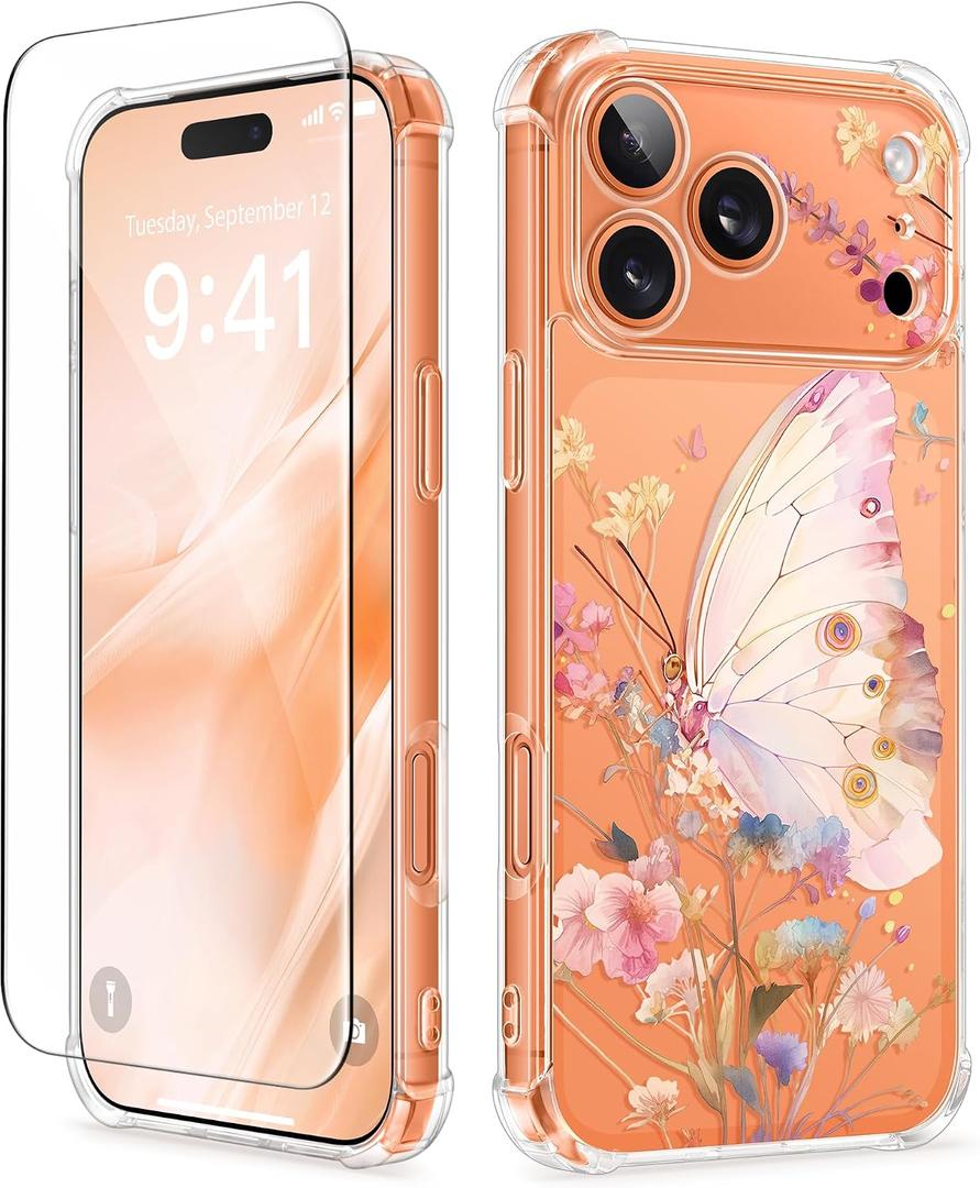 GVIEWIN for iPhone 17 Pro Max Case, with Screen Protector+Full Camera Protection, [NonYellowing] Clear Floral Slim Shockproof Protective Women Phone Case for iPhone 17 Pro Max 6.9", Magic Butterfly