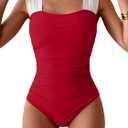 B2prity Womens One Piece Swimsuit Retro Square Neck Tummy Control Bathing Suits Ruched Modest Full Coverage Swimwear (Red, L)