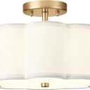 Gold Semi Flush Mount Ceiling Light, 3-Light 12.5" Ceiling Lighting Fixtures with Fabric Shade in Flower Shape, Farmhouse Brass Drum Lights for Nursery Hallway Bedroom, AD-22007-3SF-GD