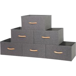 Large Storage Bins, Foldable Storage Baskets with Wooden Handles, Fabric Clothes Storage Boxes for Shelves for Organizing Closet Shelf Nursery, Grey 6-Pack
