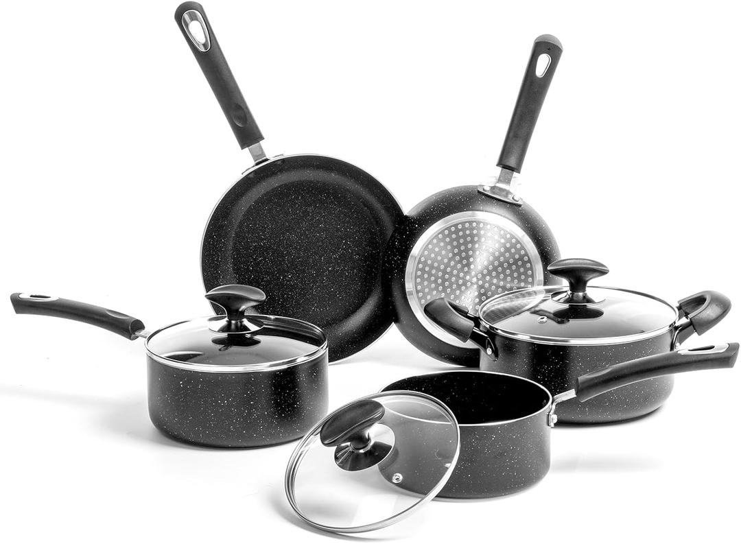 8 Piece Pots and Pans Set Non Stick, Non Stick Kitchen Cookware Set with 20cm & 26cm Frying Pans and 16cm, 18cm Saucepans with Lids and 20cm casserole pot with lid, Induction Compatible Pots,Black, 8 pcs Set