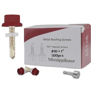 Metal Roofing Screws #10  1 Inch, 300 PCS, Zinc Plated Hex Head Sheet Metal Roof Screws,Rubber Washer,Sharp Point,Self Starting Metal to Wood Siding Screws, Hex Socket Included, Red