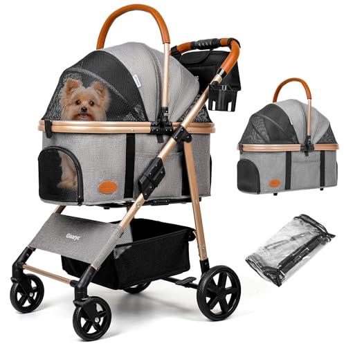 Dog Cat Stroller for Small/Medium Pets up to 50 lbs, 3-in-1 Foldable Pet Stroller with Detachable Carrier, Car Seat, Storage Basket, Cup Holder, Hanging Bag, Rain Cover, All-Terrain 4 Wheels (Grey)