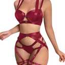 Lilosy Sexy Strappy Underwire Push Up Garter Belt Lingerie Set Harness Cutout Outfits Matching Bra Panty 3 Piece (Medium, Burgundy Red)