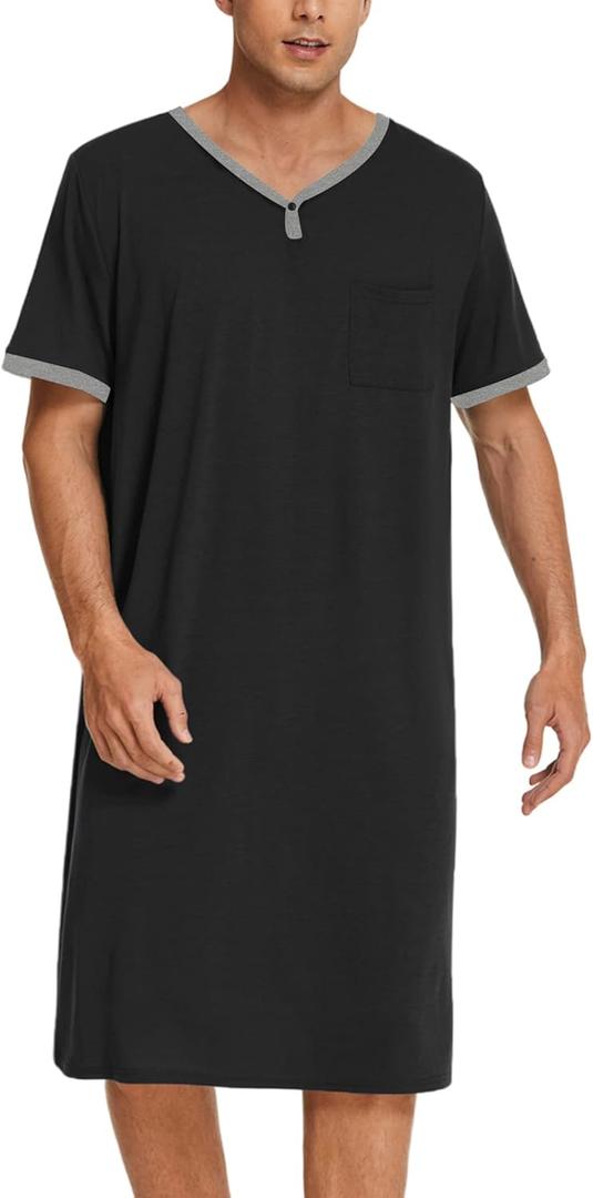 Ekouaer Men's Nightshirt Nightwear Comfy Big&Tall Short Sleeve Henley Sleep Shirt XL