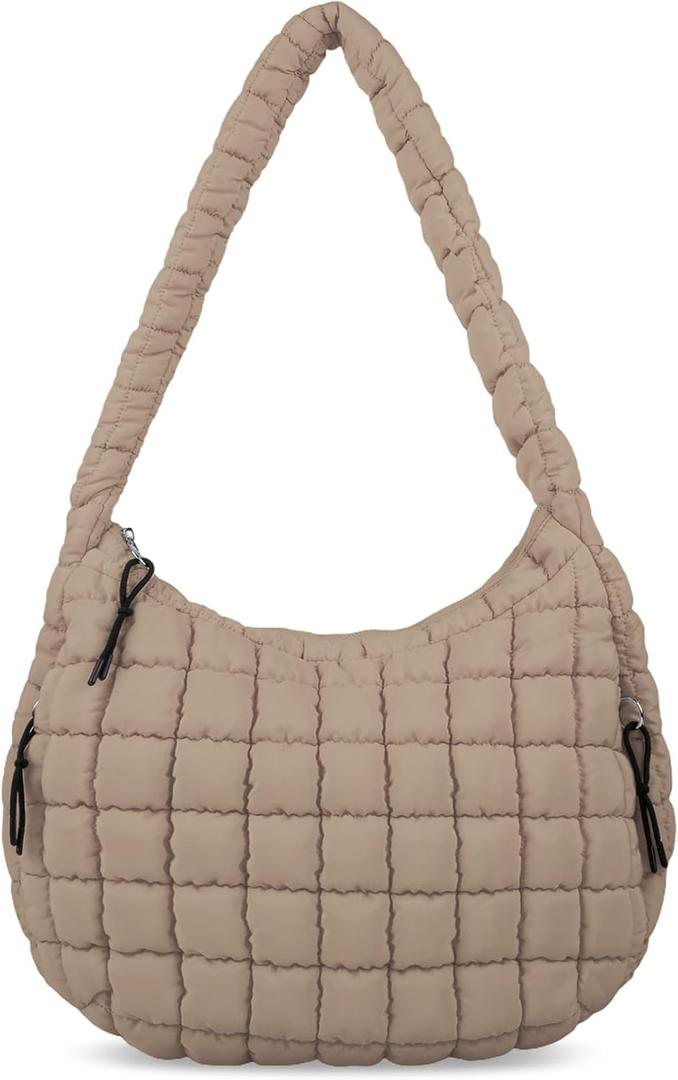 Quilted Puffer Tote Bag for Women - Large Crossbody Bag, Lightweight Nylon Puffy Carryall Hobo Puff Shoulder Bag (Khaki)