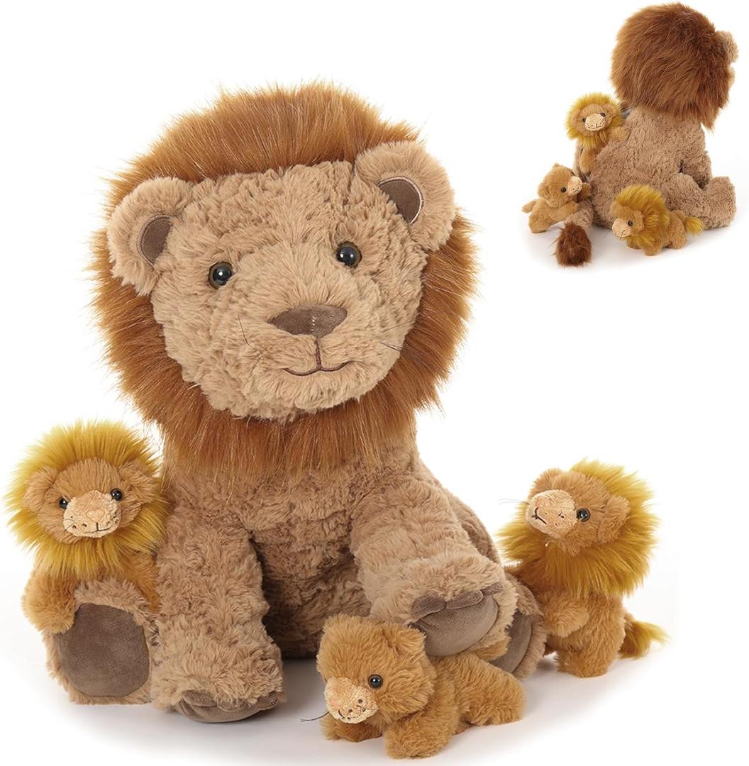Lion Stuffed Animal Set, Mother Lion Plush with 3 Baby Lions in Mommy's Zippered Back, Wild Animal Stuffed Toy for Kids Boys Girls, Christmas Birthday