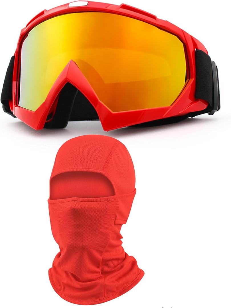 Dirt Bike Motorcycle Goggles with Balaclava Face Cover, Motocross Riding Offroad Glasses for Men Women with Face Mask (Red)