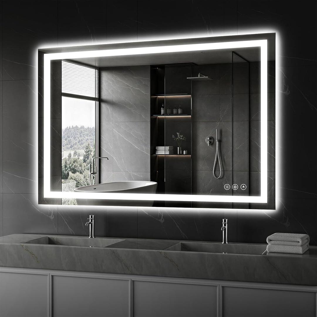 Koonmi 48"x36" LED Mirror for Bathroom, 90CRI Anti-Fog Vanity Mirror with Front and Backlight, Shatter-Proof Wall Mirror with Light, Easy Install Lighted Mirror for Modern Bathroom (IP65)