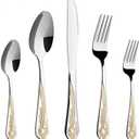 Gold Silverware Set, 20 Piece Stainless Steel Golden Flatware Set for 4, Silver Tableware Set with 24K Gold-Plated Trim, Eating Utensils, Great for Family Gatherings & Daily Use (Prestige)