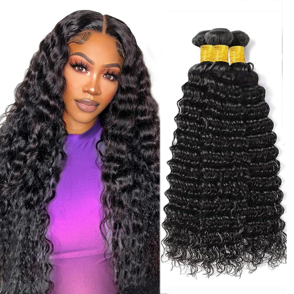 Deep Wave Bundles 30 32 34 Inch #1B Deep Wave Bundles Human Hair Natural Black Bundle Unprocessed Virgin Hair Extensions 150g