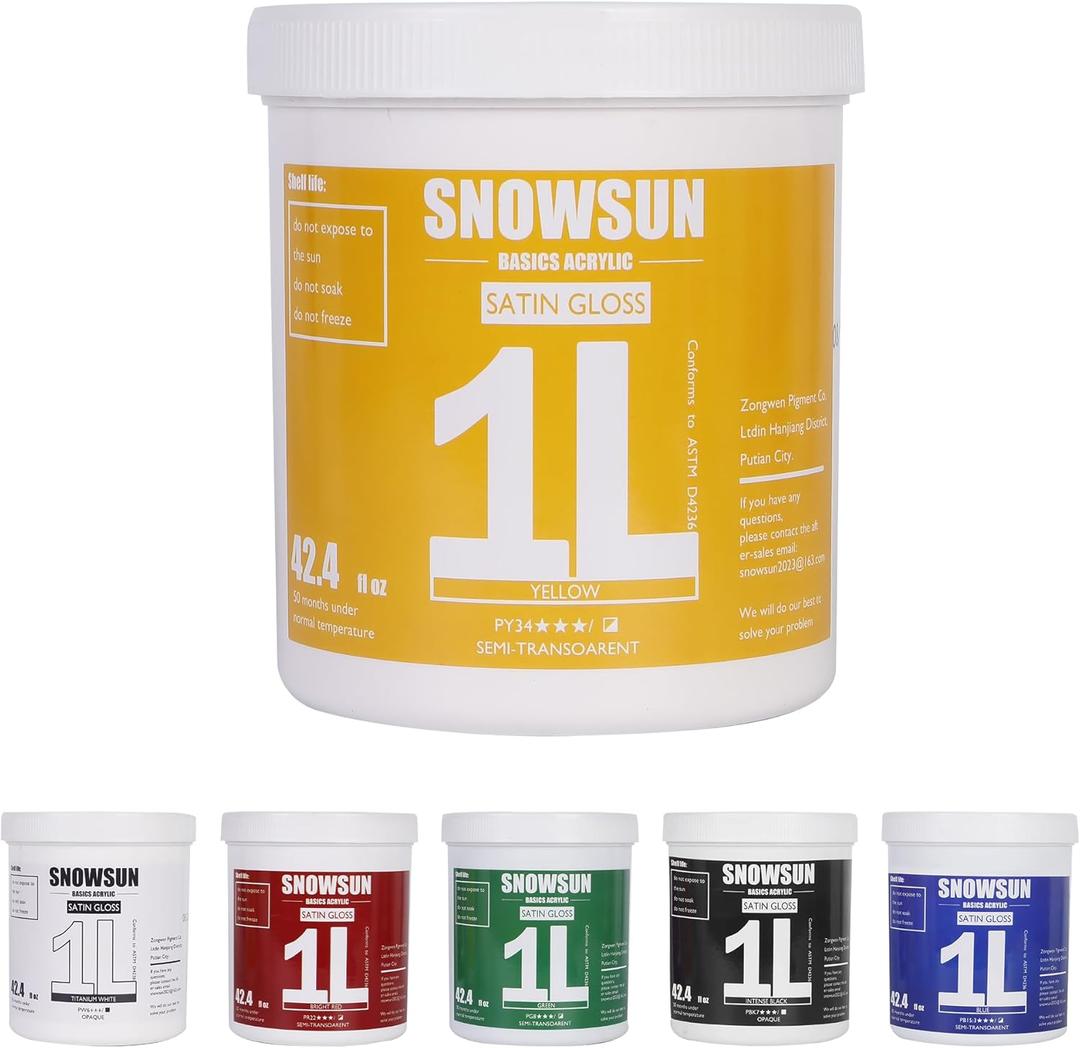 SNOWSUN Acrylic Paint Set, 6 Colors (1L/42.4 fl oz Each) Large Bulk Acrylic Paints, Gloss Non-Toxic Heavy Body Paints - Thick Art Paints for Multi-Surface Canvas Wood Ceramic Fabric Wall- Ideal for Artists & Beginners (titanium white,carbon black,red,yellow,green,blue)
