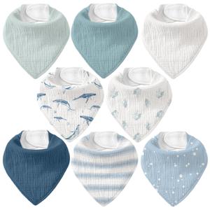 Muslin Baby Bibs 8 Pack, Baby Bandana Drool Bib for Drooling and Teething, Cotton Soft Absorbent for Girls Boys (Blue Ocean Whale)