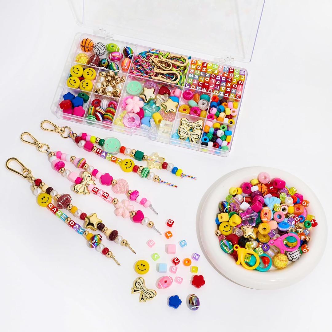 304PCS Beads Keychain Making Kit , Acrylic Colorful Letter Star Smile Bow Football Baseball DIY Supplies Crafts Key Chain Bag Charm Accessoriess Jewerly Making Kit for Girls Boys Kids Women