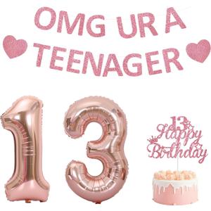 13th Birthday Decorations for girls,Rose Gold Glitter OMG UR A TEENAGER Banner, Happy 13th Birthday Cake Topper, Large 32" Foil Number Balloons