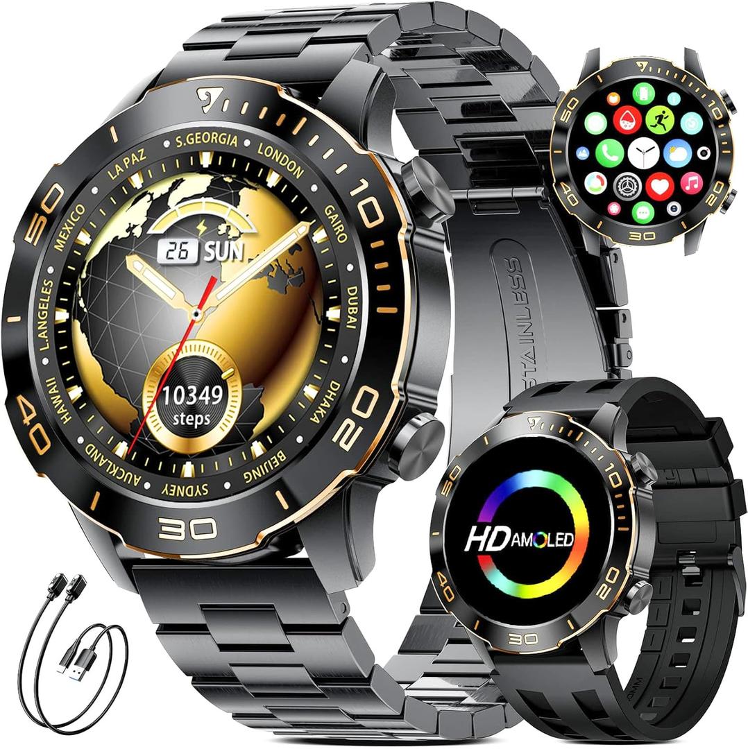 Military Smart Watch for Men(Answer/Calls),1.43''AMOLED Screen,500mAh 5ATM Waterproof,170 Sports Modes, Fitness Tracker Watch with Heart Rate/SpO2/Blood Pressure for Android/iOS,Smartwatch Black