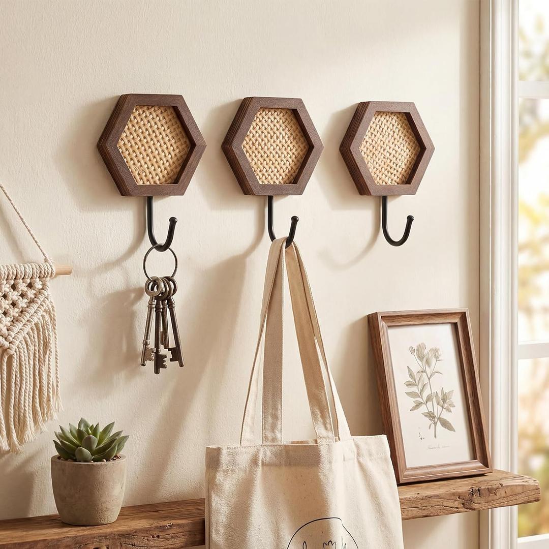 3 Pcs Boho Wall Hooks for Hanging Decorative Wall Hook Wood Coat Holder Rustic Rattan Coat Rack Farmhouse Hexagon Holder Hanger for Entryway Bathroom Home Decor(Classic Style)