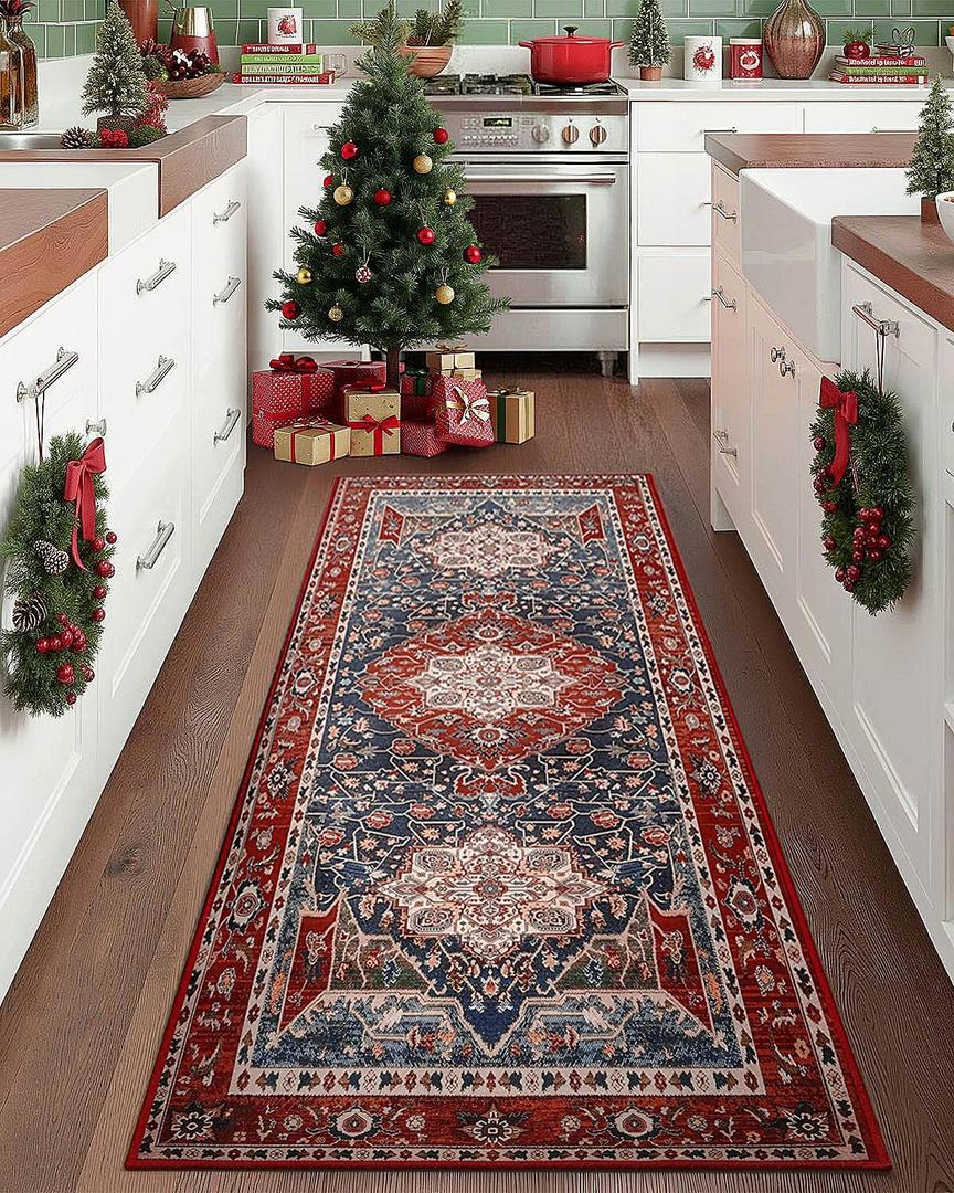 YJ.GWL Area Rug 2x7, Machine Washable Hallway Runner Rug, Boho Floral Vintage Distress Print Pattern Carpet, Low Pile Lightweight Thin Rugs for Entryway, Kitchen and Corridor, Red