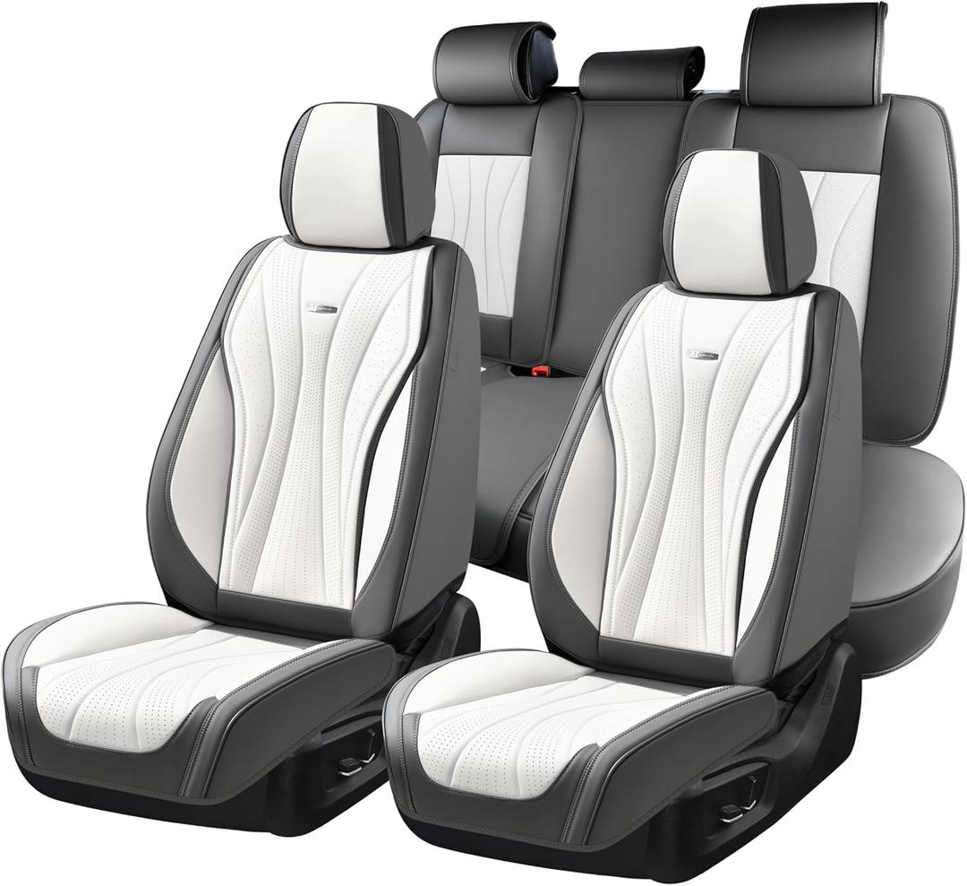 Coverado Front and Back Seat Covers, Waterproof Car Seat Cover, 5 Seat Leather Seat Cover for Cars, Universal Car Seat Protector, Automotive Seat Cover Car Seat Cushion Fit for Most Cars (Gray&White) (Fullset)