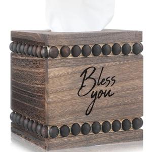 Lineshading Bless You Beaded Square Tissue Box Cover, Rustic Farmhouse Vintage Wooden Tissue Holder Box Distressed Napkin Holder for Table Bathroom Decor (Brown)
