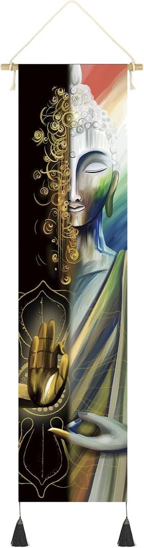 Hanging Poster Canvas Wall Art Banner Buddha Art Canvas Zen Decor Happiness Quote Motivational Meditation Tapestry for Wall Decor Hanging Tapestry Decoration For Yoga,Room,Buda (13''x 56''/33x142cm)