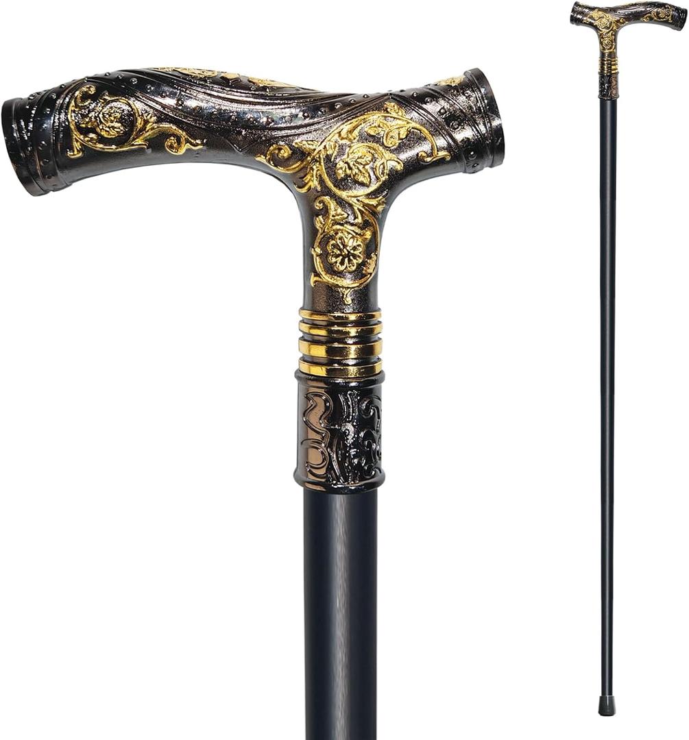 Walking Cane for Men & Women - 36.5 inch Heavy Duty 500+ lbs Capacity, Ergonomic Handle, Decorative & Ornate Fancy Design, Gothic & Goth Elegant Matte Black & Gold Artistry, Metal Cane