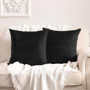 2 x FY FIBER HOUSE Pack of 2 Velvet Throw Pillow Covers Decorative Pillowcase Soft Solid Cushion Cover, 16 x 16 Inch, Black