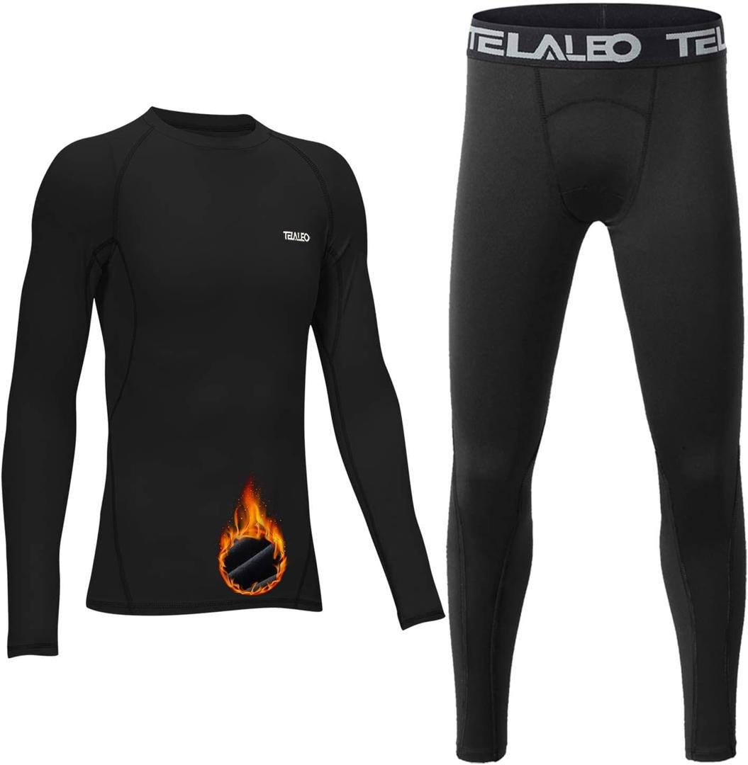 TELALEO Boys' Girls' Long Sleeve Compression Shirts Thermal Fleece Lined Kids Athletic Sports Tops Leggings Baselayer Set (Small)