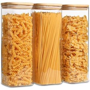 ComSaf Glass Spaghetti Pasta Storage Containers with Lids 2.2 Qt Set of 3, Tall Clear Airtight Food Storage Jar with Lid for Noodles Flour Oat Cereal Sugar Beans, Sqaure Spaghetti Pantry Containers