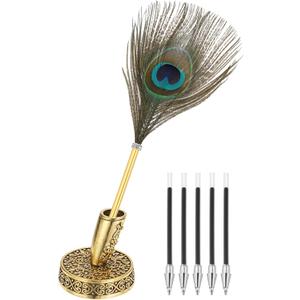 PATIKIL Peacock Feather Ballpoint Pens Bulk, Metal Holder Black Ink Vintage Quill Writing Pens with 5 Pieces Refill for Office, Wedding Signature, Gold