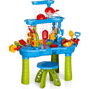 Lucky Doug Kids Sand Water Table for Toddlers, 3-Tier Sand and Water Play Table Toys for Toddlers Kids, Kids Beach Play Set, 3 4 5 6 7 Years Old Boys Girls Outdoor Toys