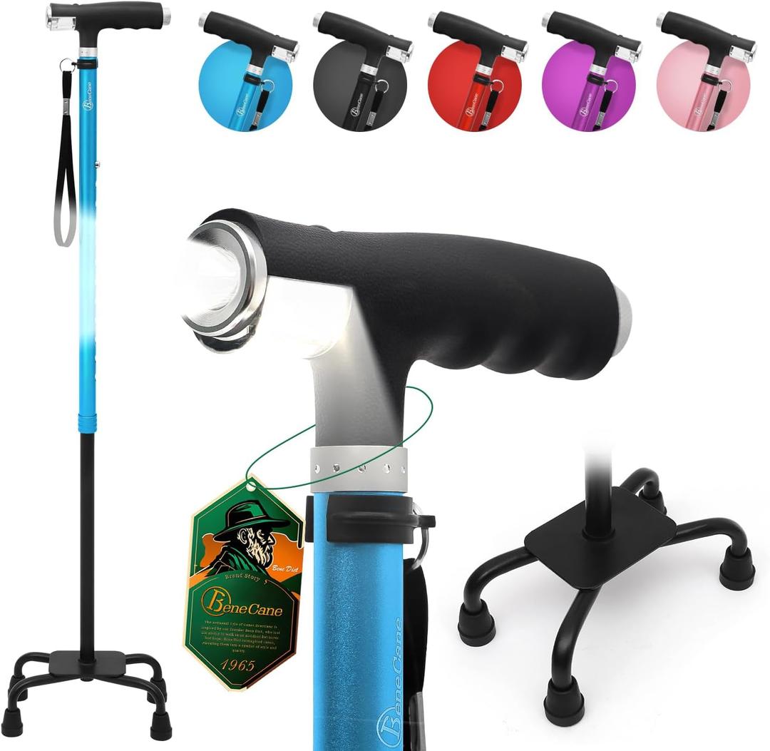 BeneCane Quad Cane Walking Cane with Two Led Lights with Big Base T HandleLightweight Adjustable Walking Stick Four Pronged Sturdy for Men and Women