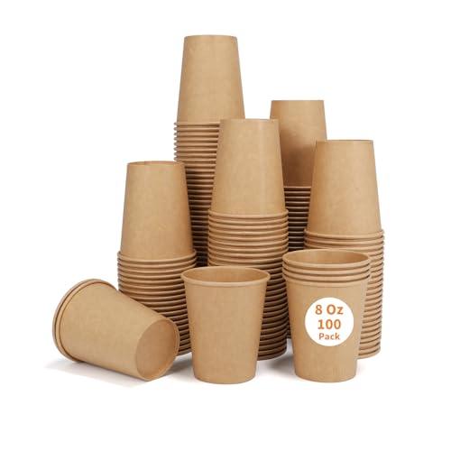 Walasaso Disposable Cups, 100 Pack 8 Oz Kraft Paper Cups, Paper Coffee Cups, Disposable Cups 8 oz for Hot or Cold Beverage