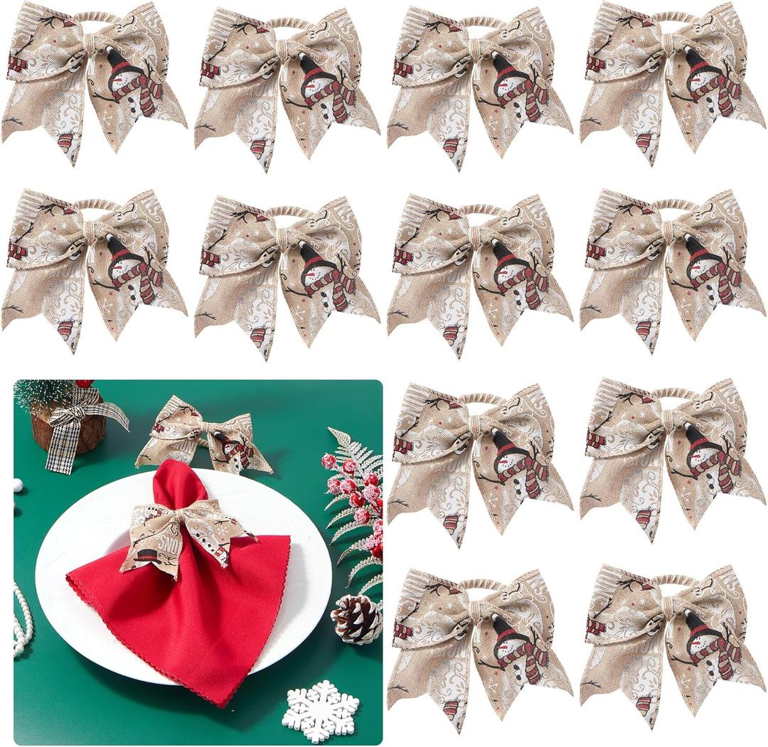 2 x APTWOW Christmas Bow Napkin Rings Set of 12 - Snowman Brown Webbing Napkin Holders, Xmas Holiday Napkin Rings for Birthday Party, Anniversary Dinner, and Wedding Table Decorations