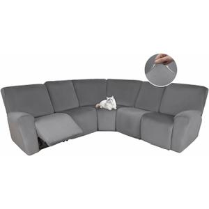 HDCAXKJ Reclining Sectional Couch Covers Velvet L Shaped Sectional Sofa Cover Washable Stretch Soft Corner Recliner Slipcover with Non-Slip Elastic Bottom (5 Seat Recliner Couch, Middle Gray)