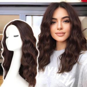 AISI HAIR Beginner Friendly Wigs Brunette Wig for Women Medium Length Wave Curly Glueless Synthetic Heat Resistant Hair Wigs for Daily Party Cosplay (18 Inch)