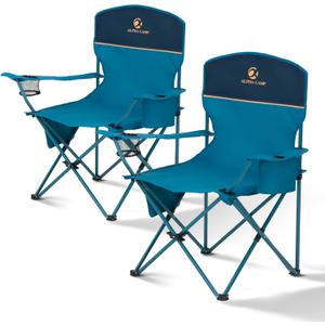 ALPHA CAMP Folding Camping Chairs for Adults Lawn Chairs Outdoor Chairs Support 250 LBS Portable Camp Chairs with Cup Holders Cooler Pouch for Outdoor, 2 Pack (Blue)