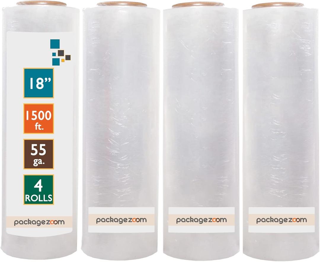 PackageZoom 4 Rolls 18" x 1500 Ft Stretch Wrap Heavy Duty, Industrial Strength Shrink Wrap, 55 Gauge High Performance Stretch Film Replaces 80 Gauge Low Films, Clear Hand Stretch Wrap (18" wide x 1500 ft x 4 Rolls)