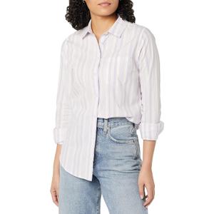 Amazon Essentials Women's Regular-Fit Long-Sleeve Button-Down Poplin Shirt, Business Casual, Office Work, Lilac White Variegated Stripe, XX-Large