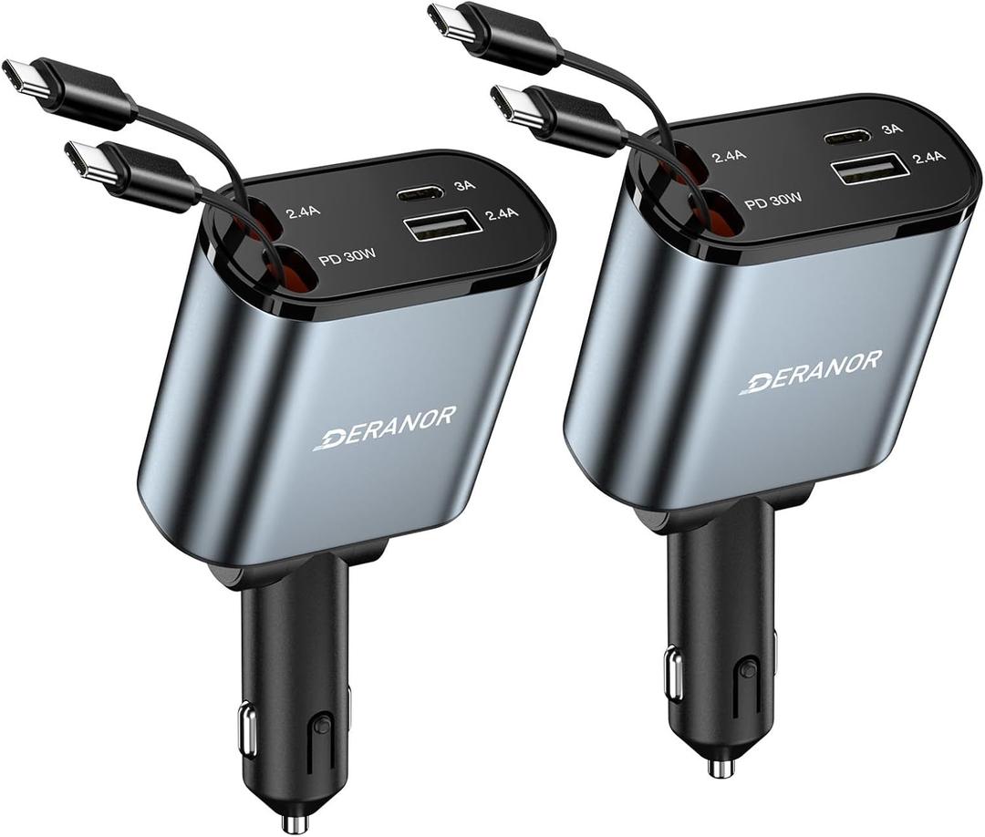 [2 Pack] Retractable Car Charger 4 in 1 Fast Car Phone Charger 69W, USB C Car Truck Accessories Adapter with 2X Retractable Charger Cords and 2X USB Ports for i Phone 16/15/14/13, for Samsung S25/S24